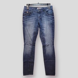 LEI Selena Curvy Skinny Jeans Juniors 3 Regular Blue Whiskers Dark Wash Low Rise